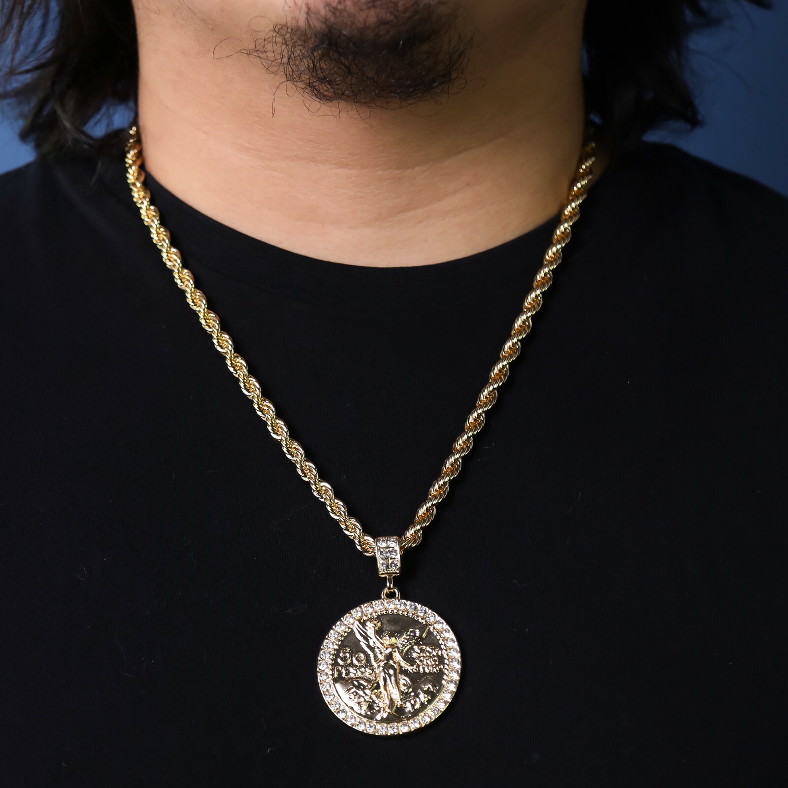 Centenario 50 Pesos Pendant Iced Cubic-Zirconia Rope Chain 14k Gold Plated