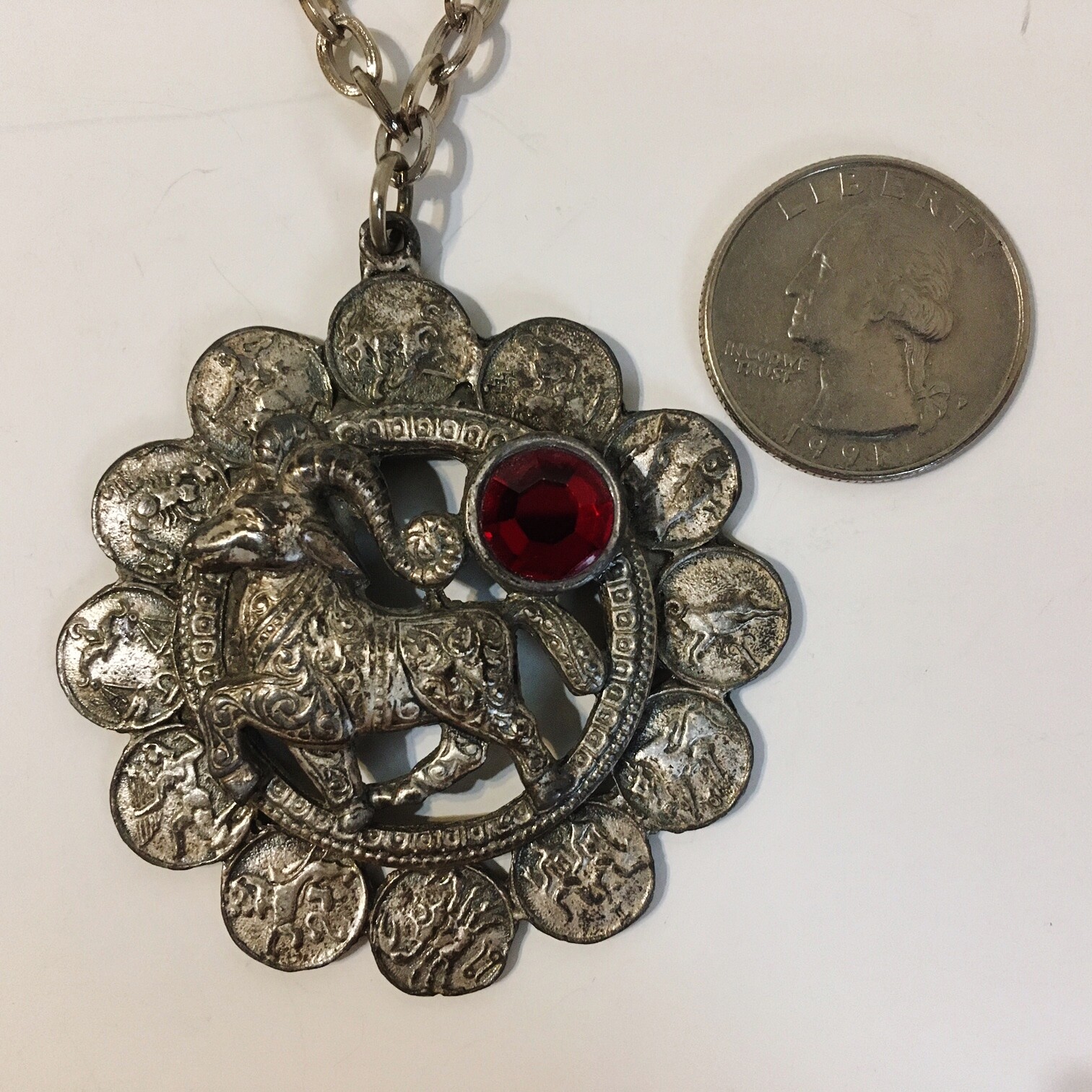 Aries Ram Necklace Pendant 12 Zodiac Signs Red Rhinestone Silvertone Metal Chain