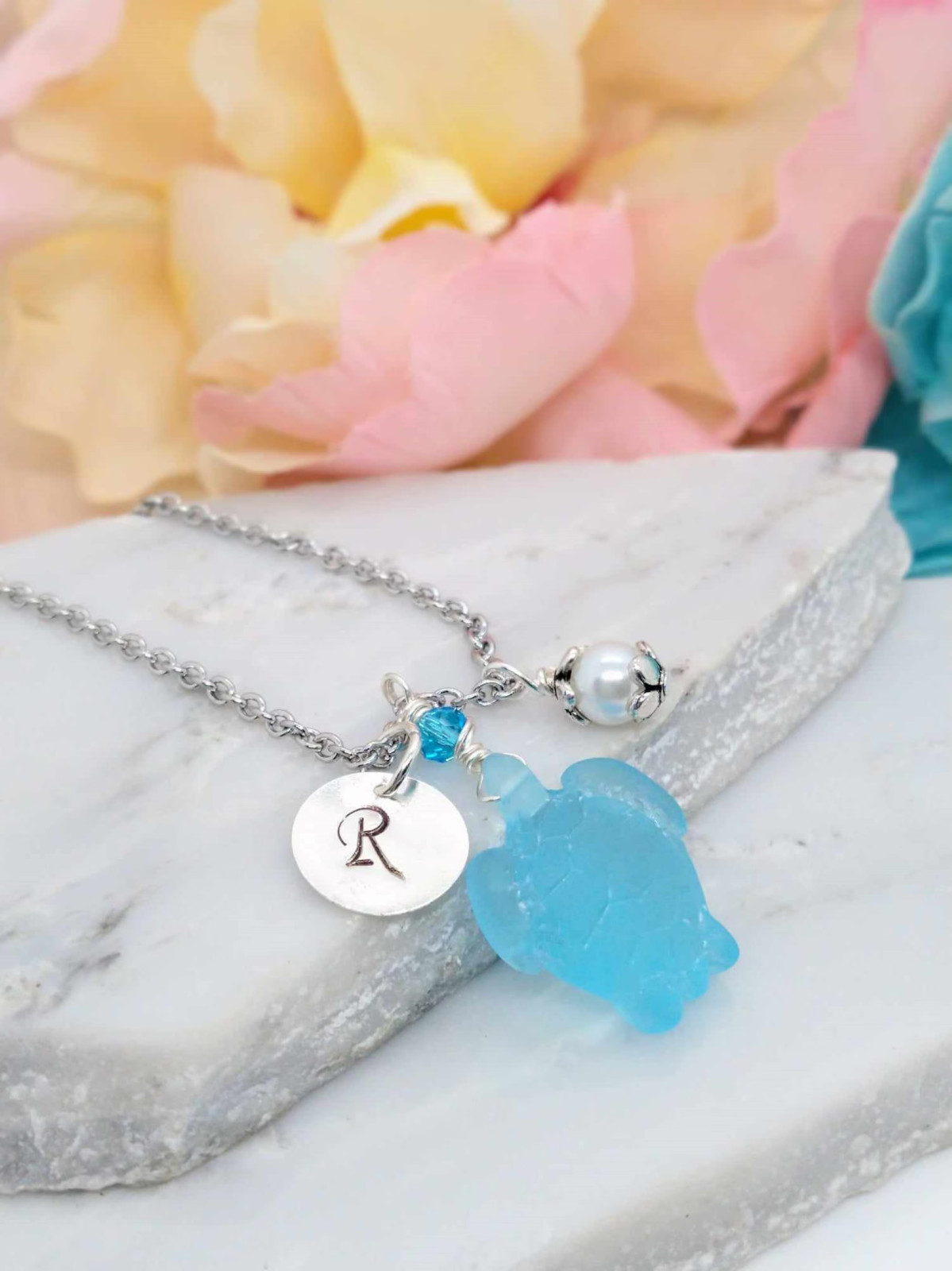 Personalized Sea Glass Turtle Necklace, Customizeable Beach Jewelry, Gift