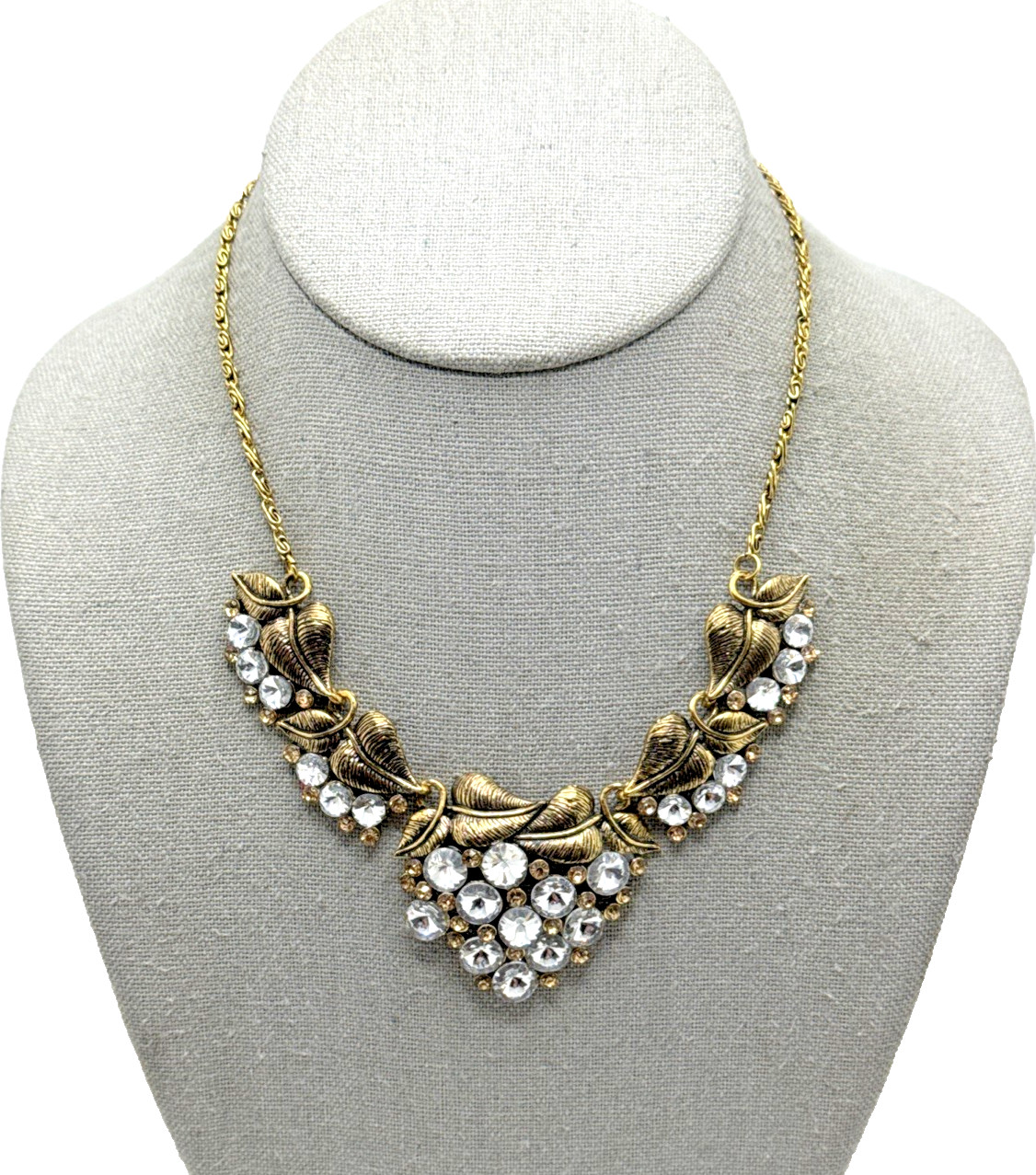 Clear Crystal Cluster Floral Bib Necklace Gold Tone Rivoli Rhinestone Statement