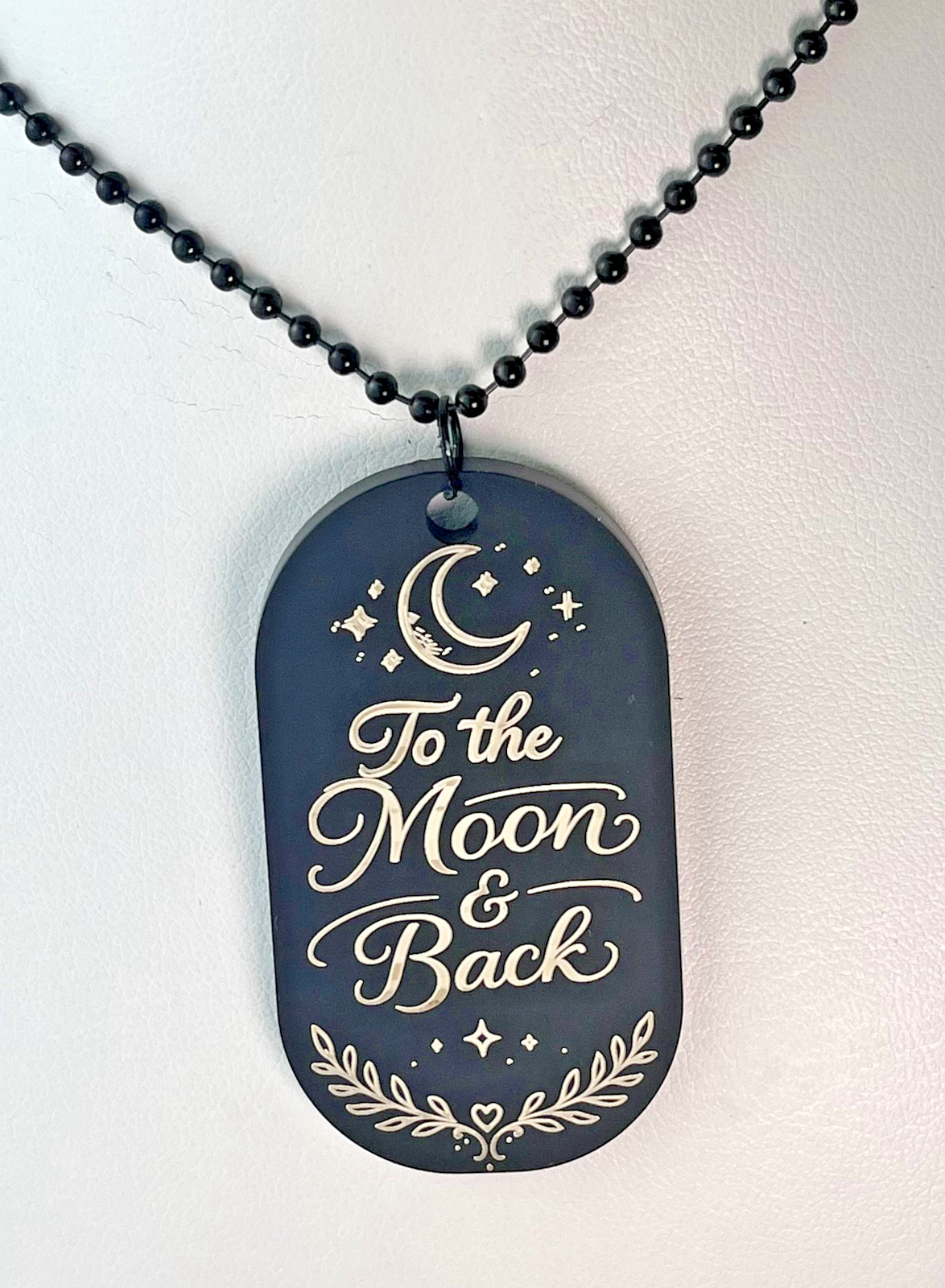 Necklace Women’s Laser Engraved Black Acrylic Lightweight W/24″ Black Ball Chain