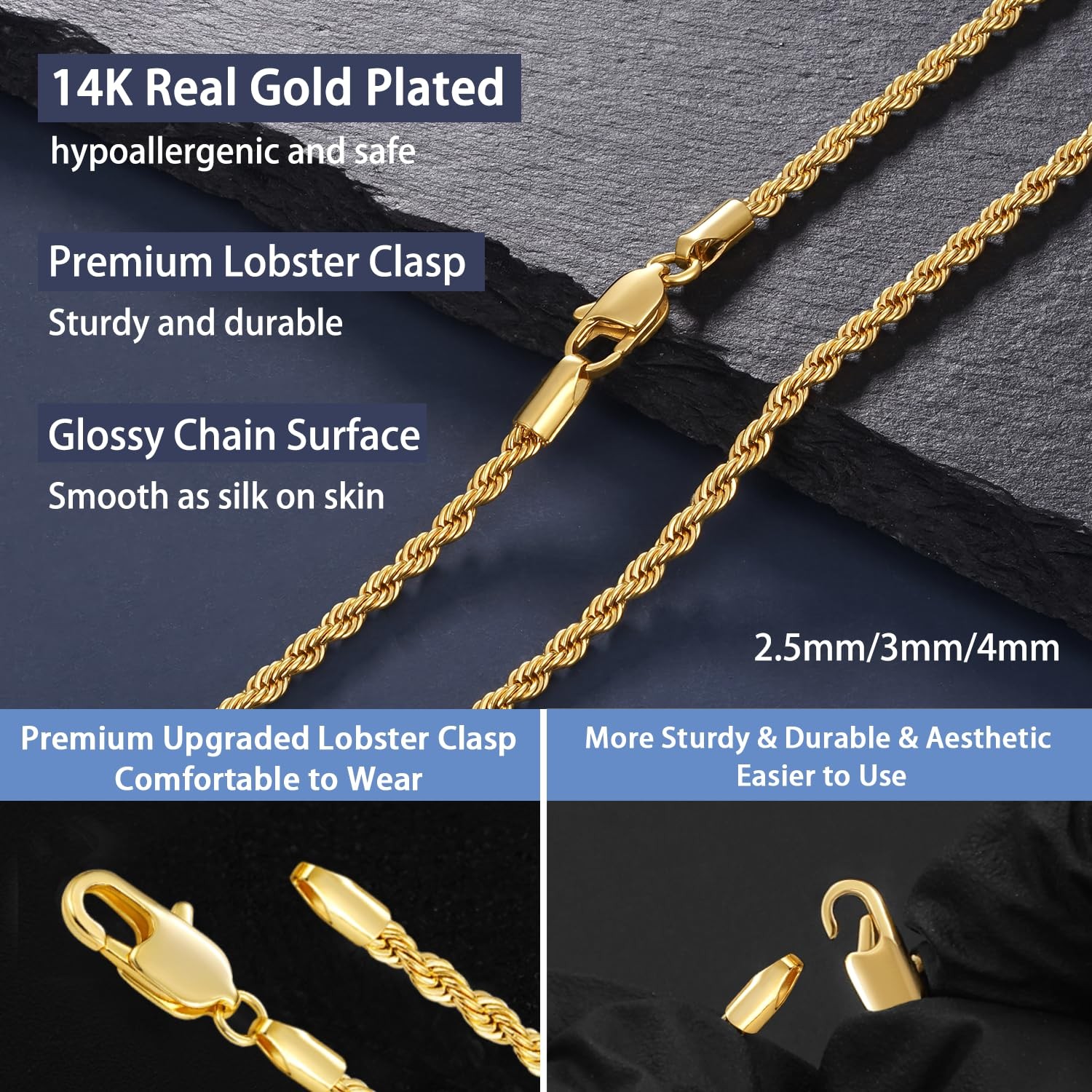 14K Gold Plated Chain Necklace for Men, 3mm Stainless Steel Rope Chains 14K G…