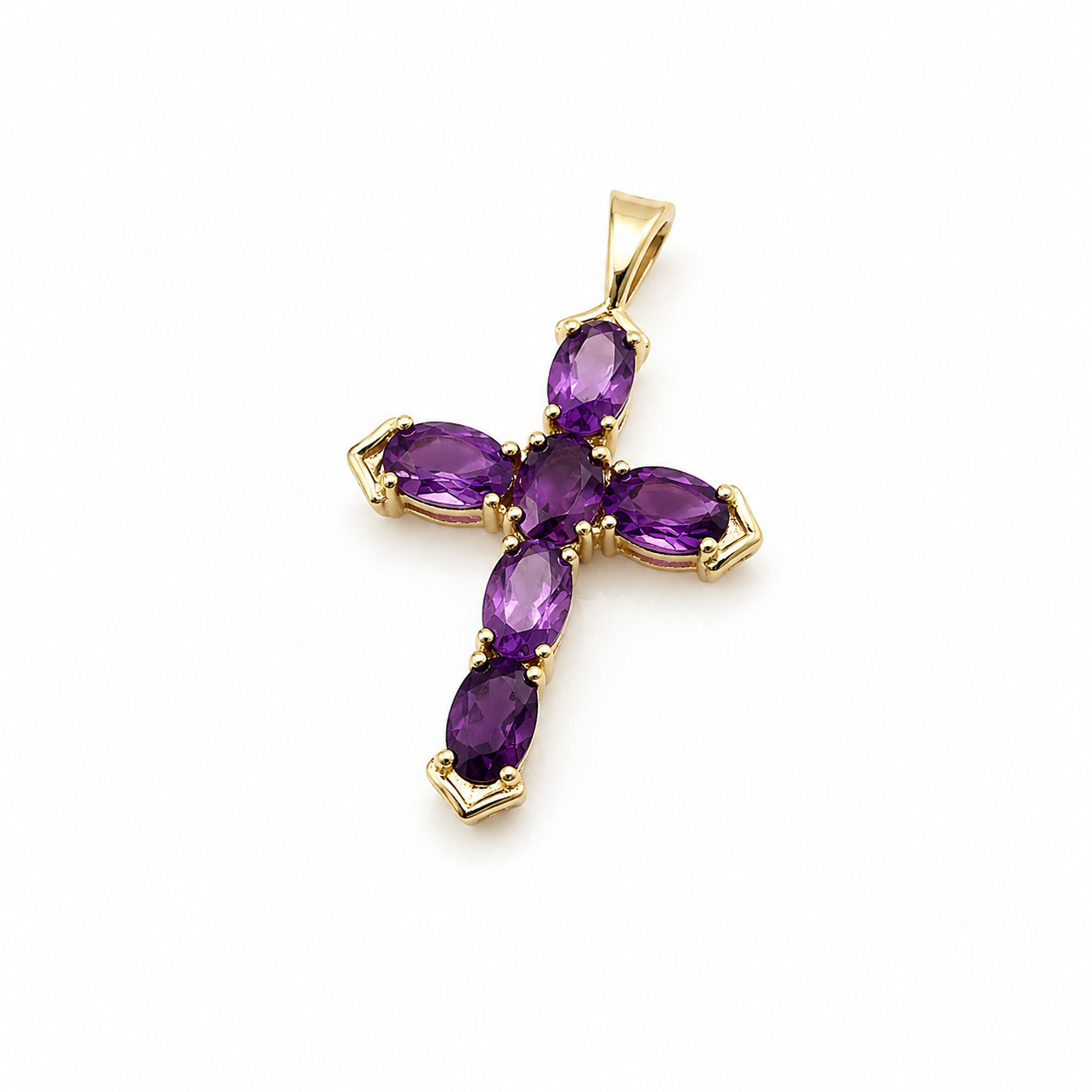 Real 10K Yellow Gold Cross Pendant Purple Amethyst Stone Religious Charm P11994