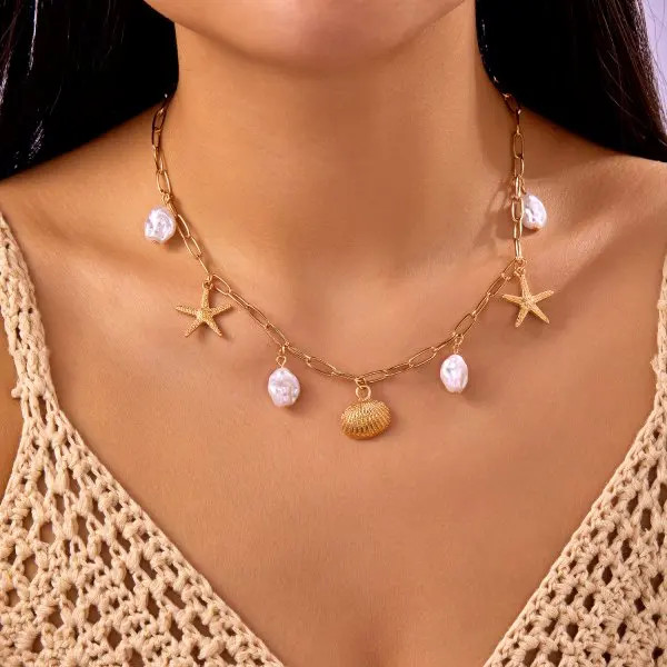 Fashion Gold Color Starfish Conch Turtle Pendant Necklace for Women Handmade She