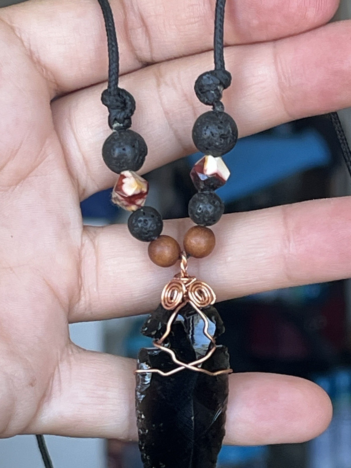 Obsidian Arrow Mokaite Bead Lava Rock Necklace
