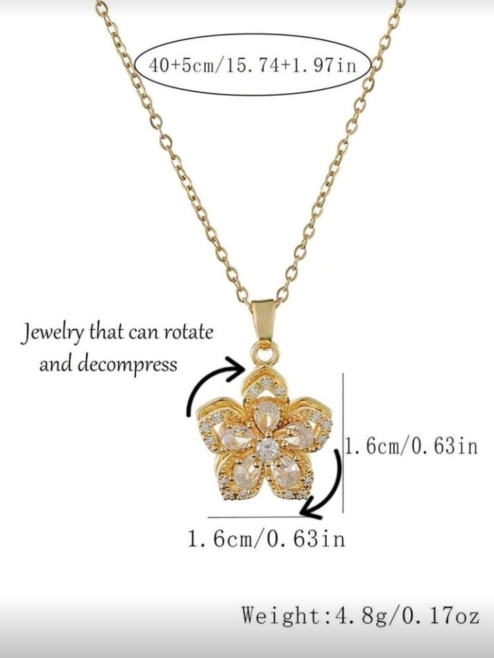 Gold-Plated Copper 5 Leaf Clover Rotating Necklace With White/Colorless Stones