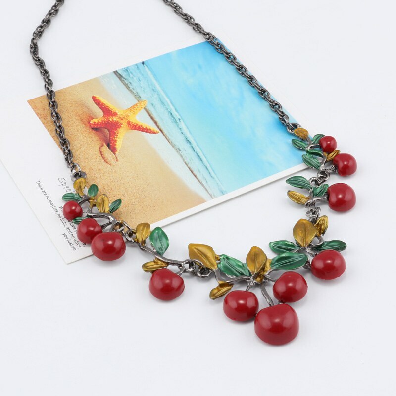 US Seller Cute Enamel Red Cherry Leafs Gun Black Chain Necklace