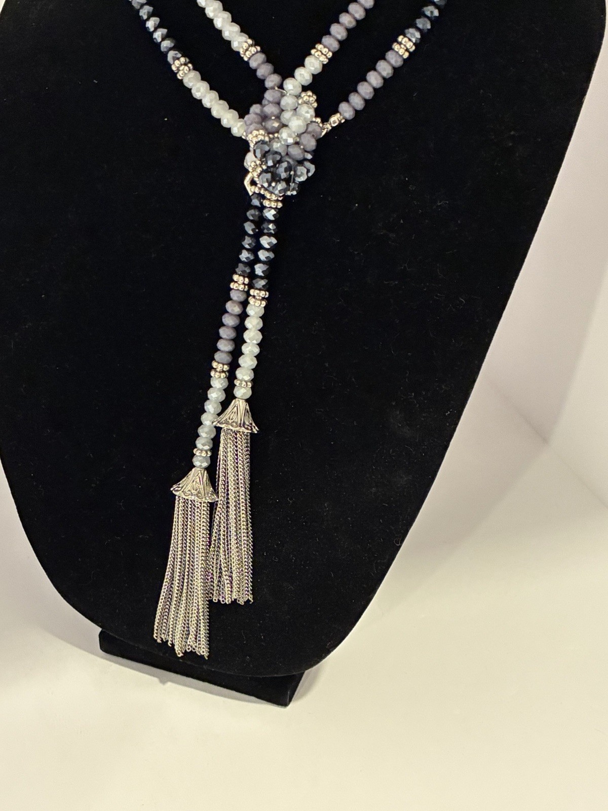 Simply Vera Vera Wang Gray Black Beaded Tassel Lariat Necklace 23″ Drop