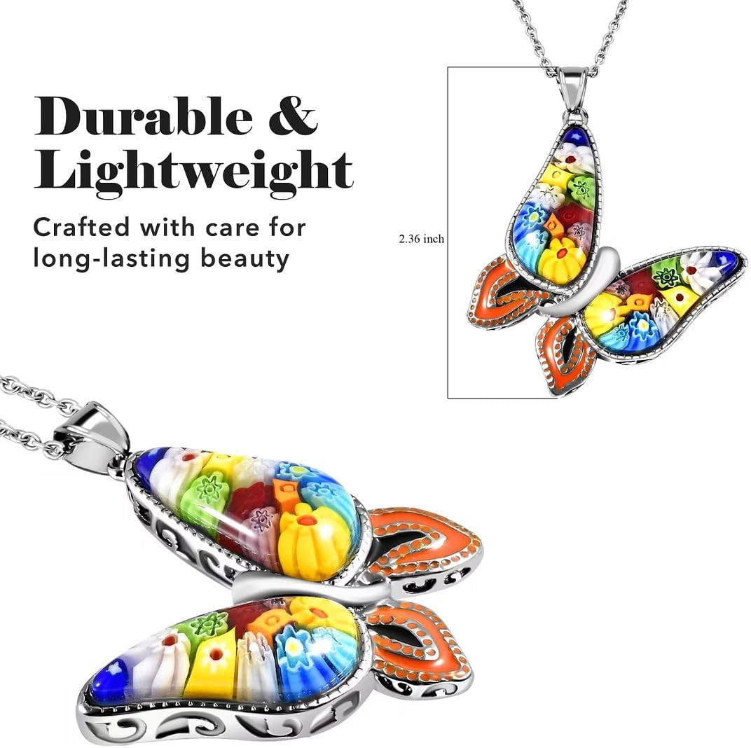 Murano Style Millefiori Glass Butterfly Necklaces for Women – Colorful Boho Neck