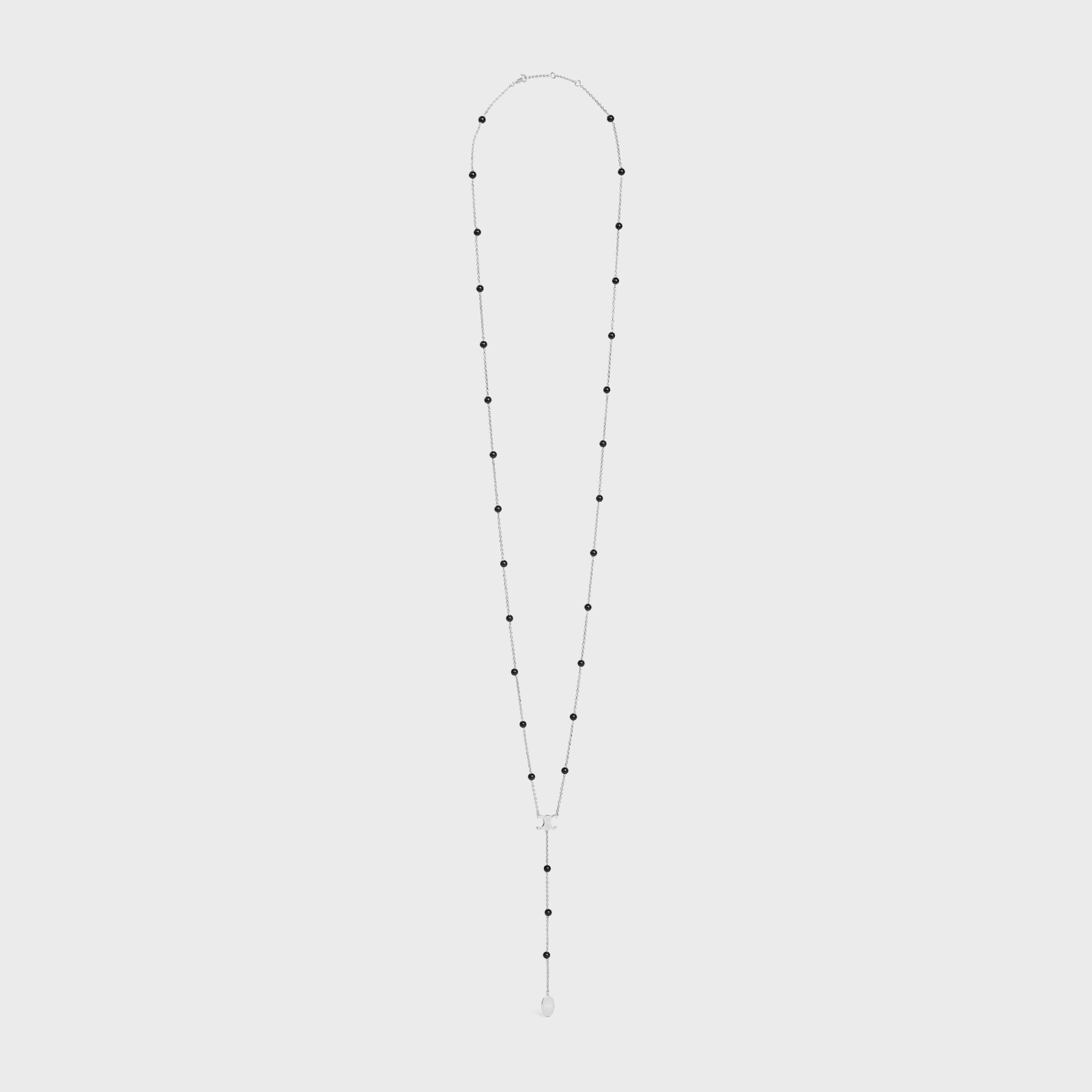 CELINE 1050$ Long Necklace Triomphe – Brass With Rhodium Finish And Onyx