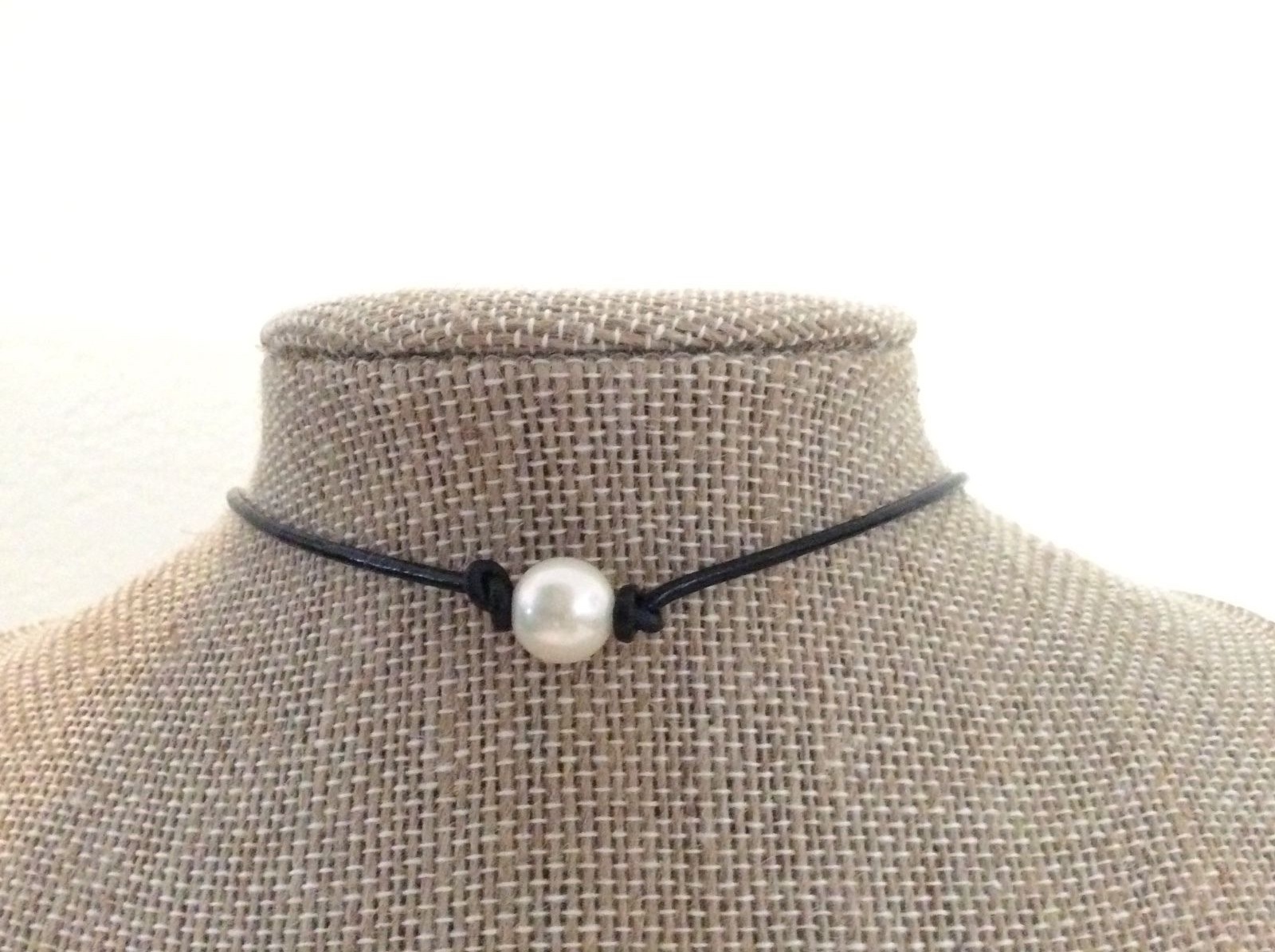 Pearl Choker, Single Freshwater Pearl and Leather Choker Necklace