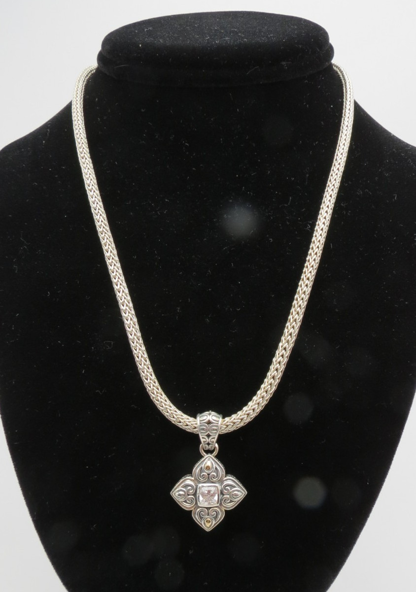John Hardy Sterling Silver Classic Chain Necklace & CZ Cross Pendant 18
