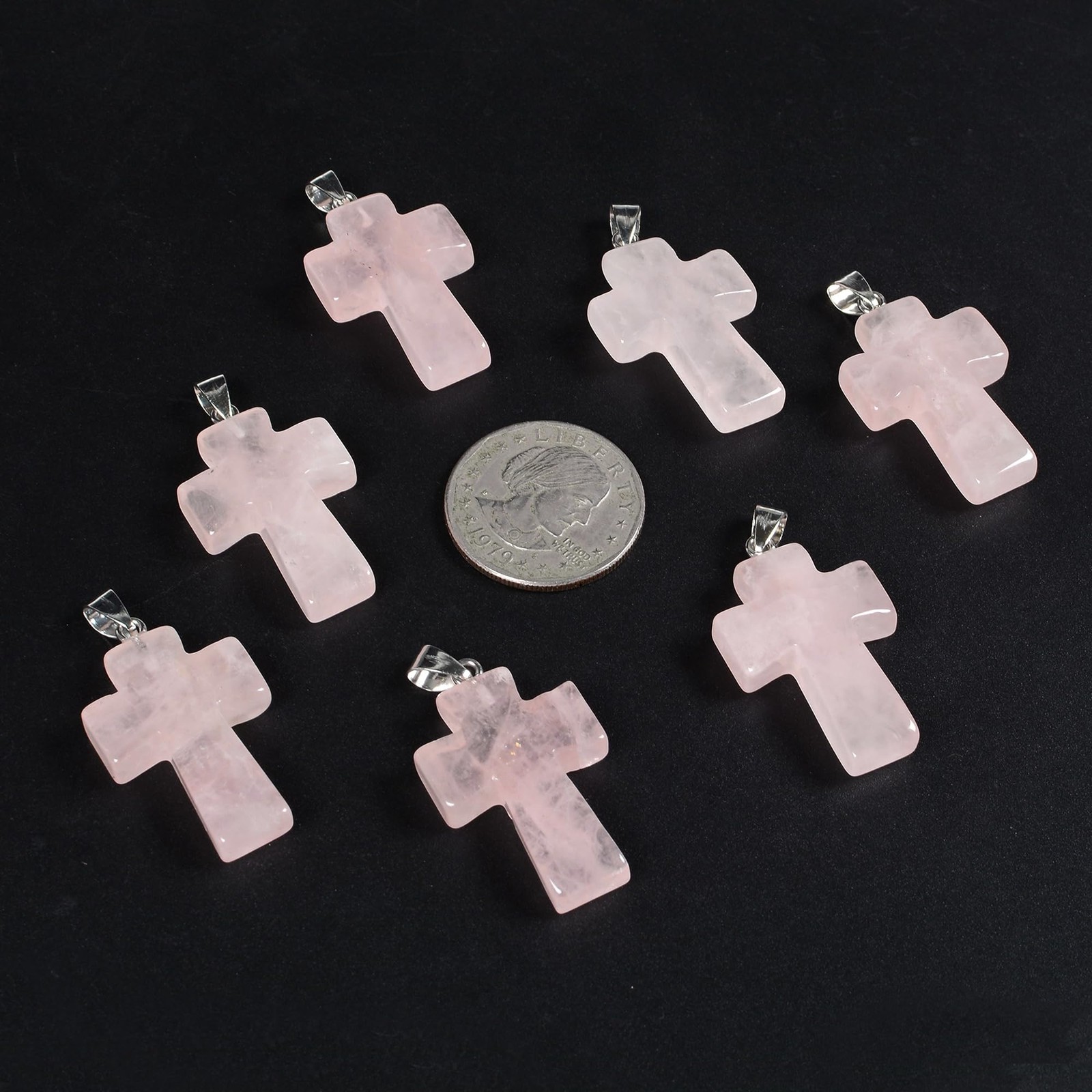 Natural Rose Quartz 32mm Gemstone Carved Cross Reiki Chakra Pendant With Stai