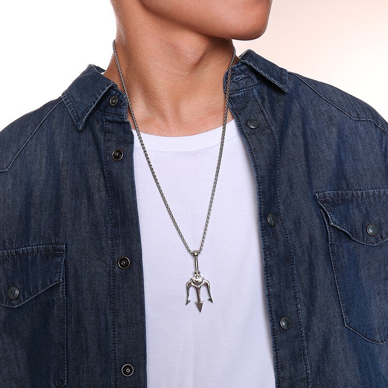 Silver Punk Trident Three-pronged Spear Pendant Necklace Chain Biker Jewelry Men