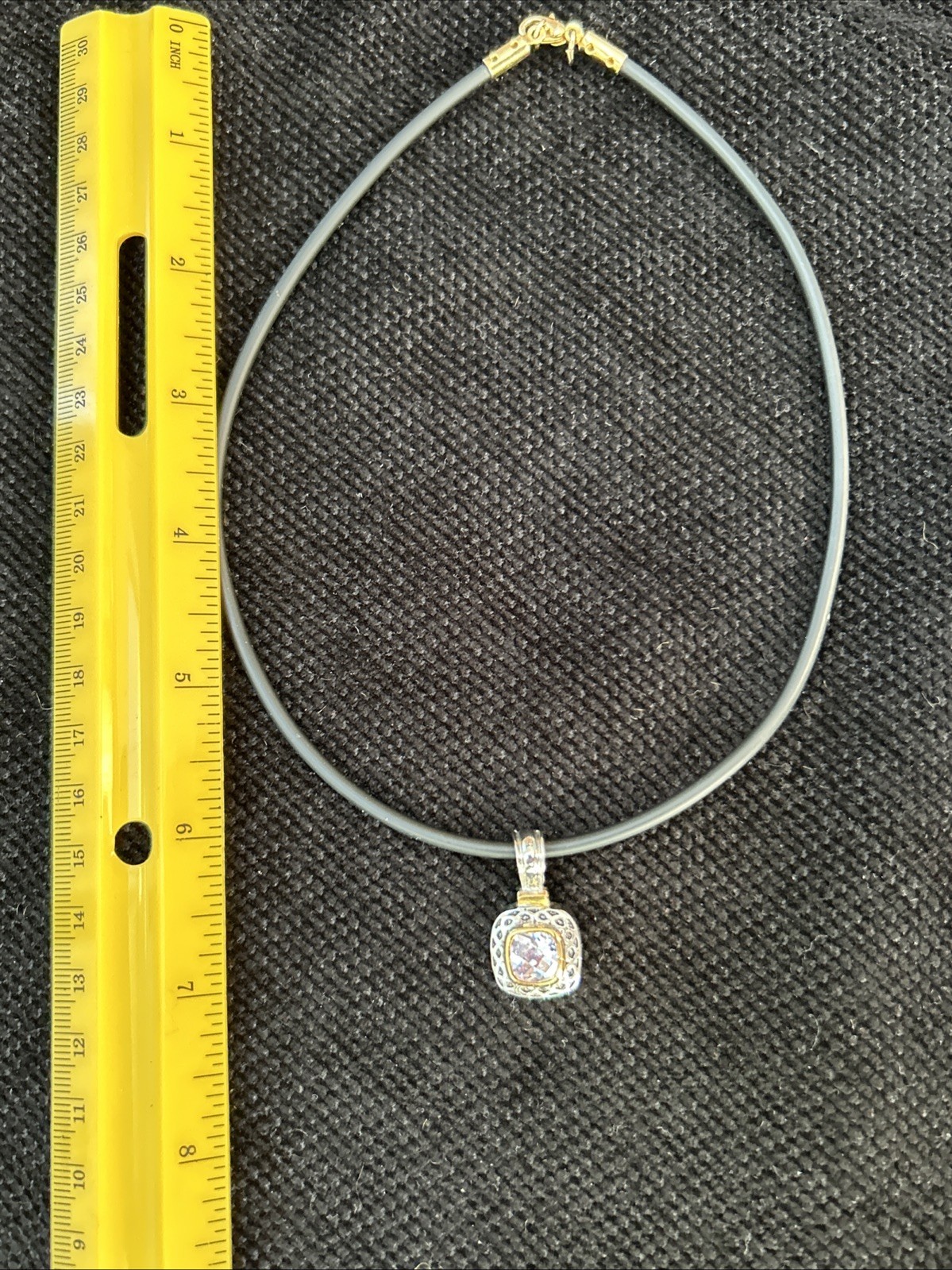 Gold And Silver Tone Square Pink Lab Diamond Pendant Necklace On Black Cord 16”