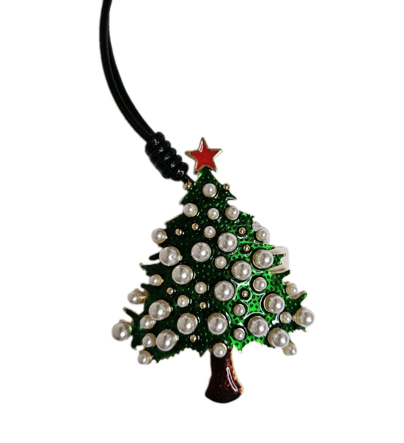 Christmas tree necklace with green tree shape, white pearls, and red star NEW