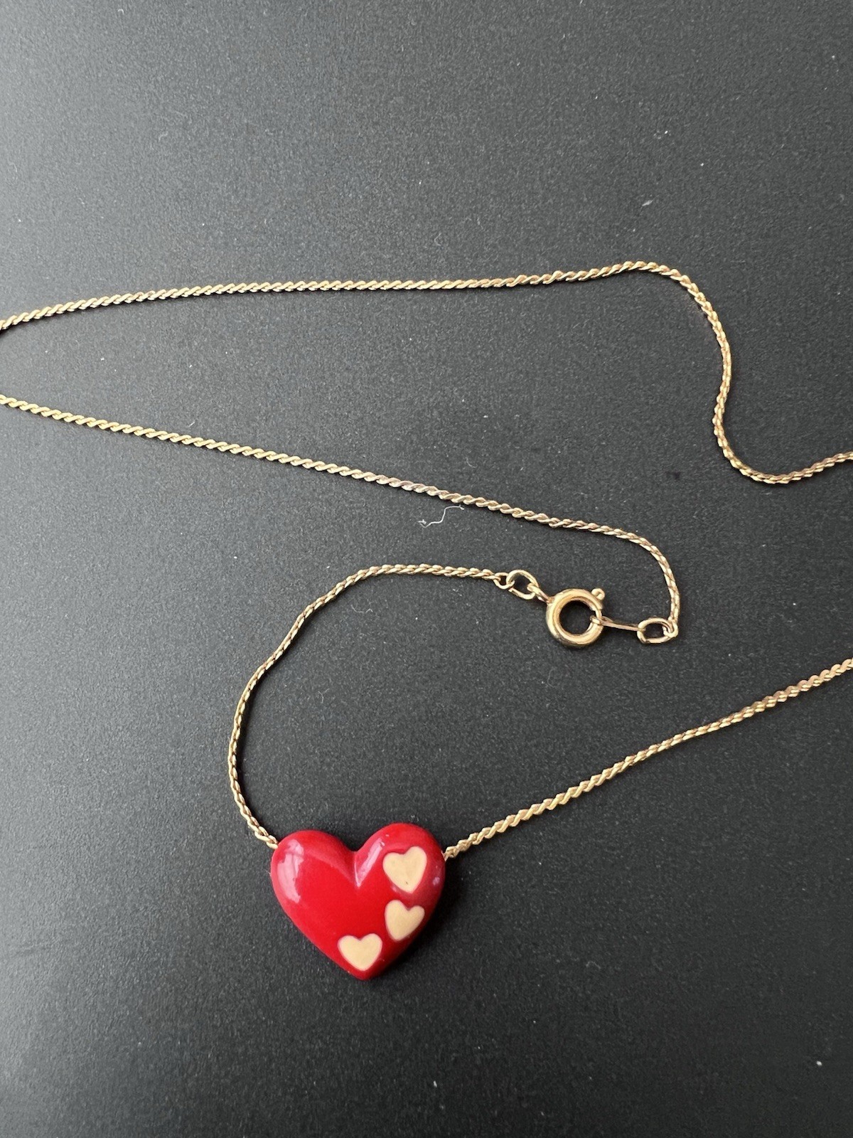 Necklace Pendant Red Enamel Heart Gold Tone Twisted Chain Love Valentine’s Day