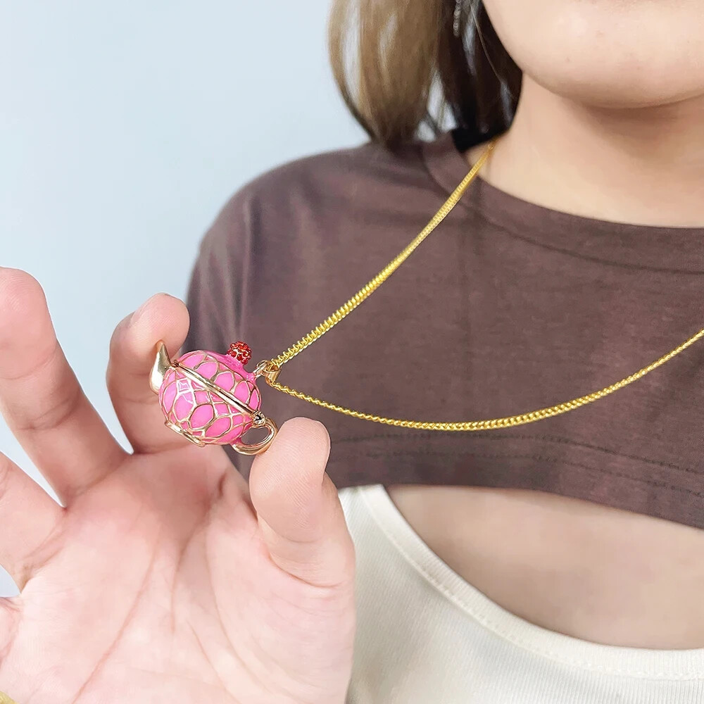 Pink & Gold Teapot Necklace – Cute, Locket Style – Coffee, Tea, Cute Gift
