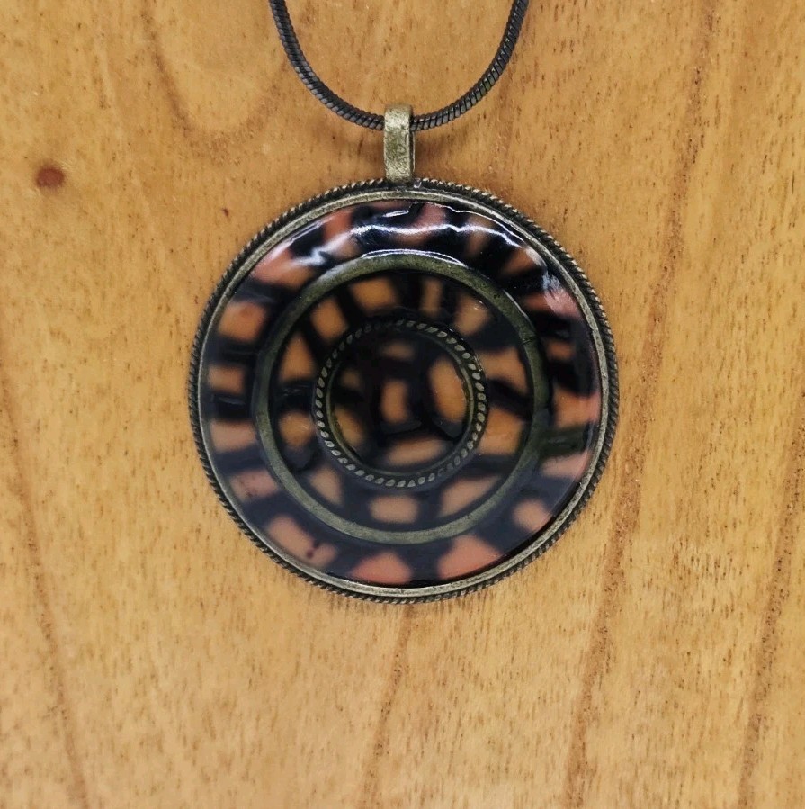 Black & Orange Multicolored enamel Medallion Pendant Necklace Art Deco 18 in