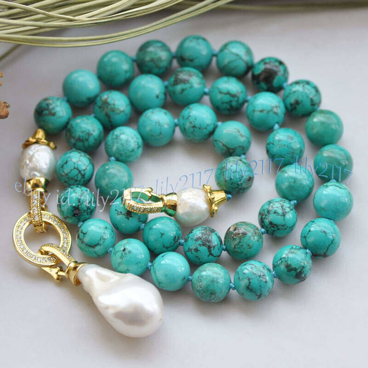 Natural Green Turquoise Gems Beaded White Keshi Baroque Pearl Pendant Necklace