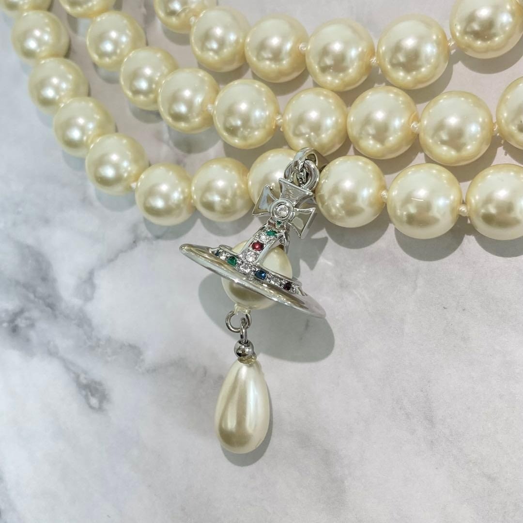 Vivienne Westwood Necklace 3-strand Pearl Drop Silver w/drawstring [E0155