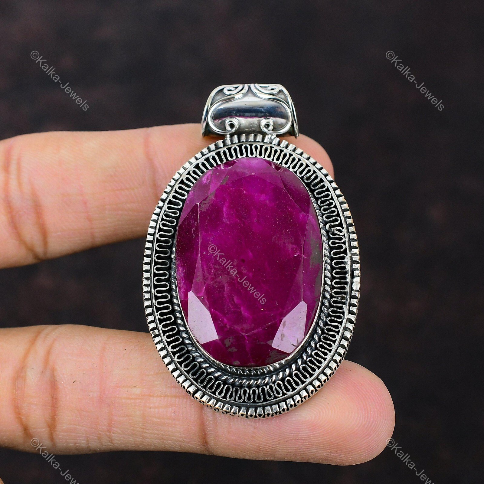 Natural Kashmir Rubi Gemstone Pendant Vintage 925 Sterling Silver Indian Jewelry