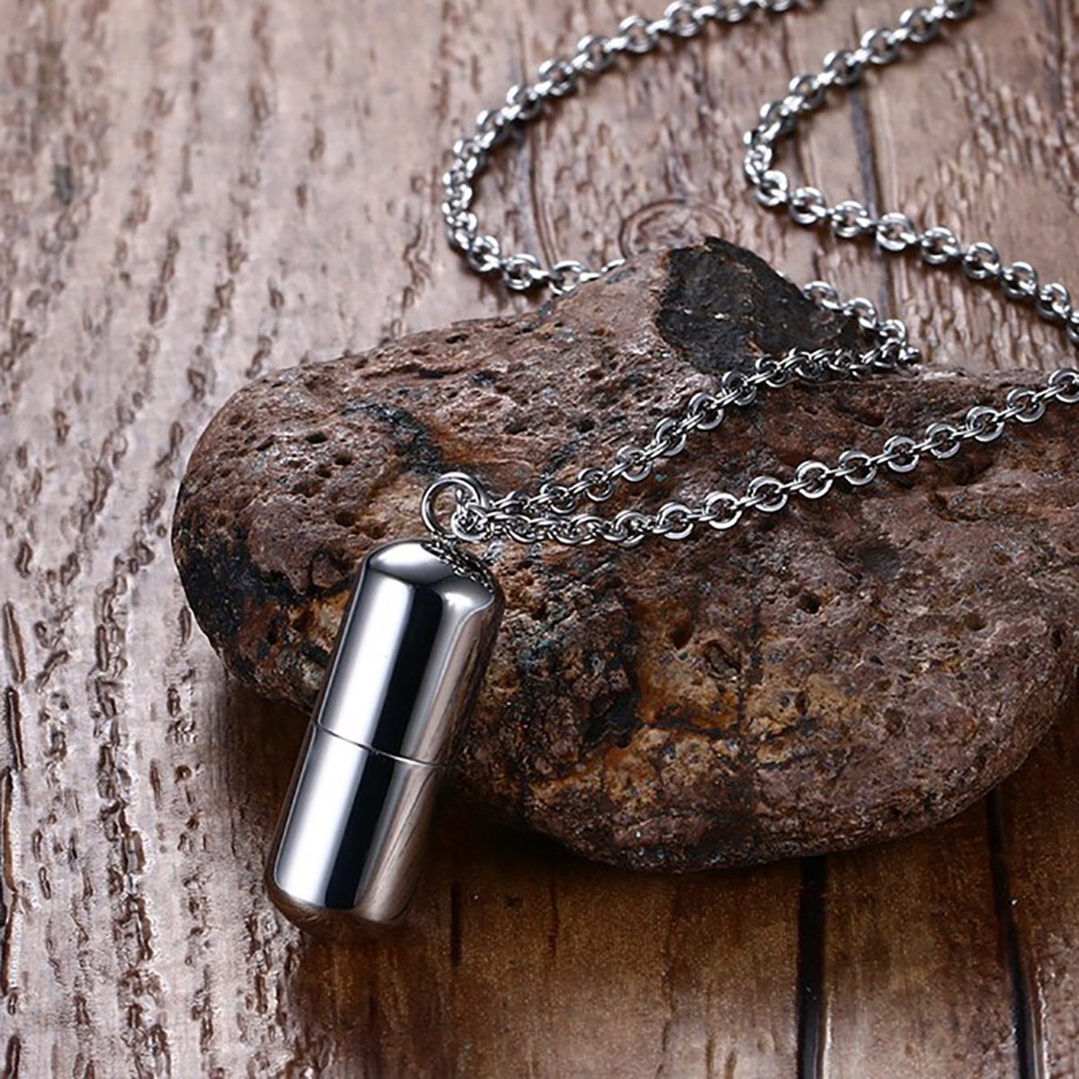 Stainless Steel Pill Shape Keepsake Holder Medical Alert ID Pendant Necklace 20″