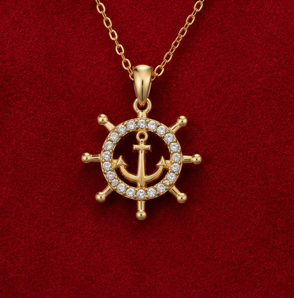 1.25Ct Simulated Diamond Anchor Wheel Pendant Necklace 14K Yellow Gold Plated