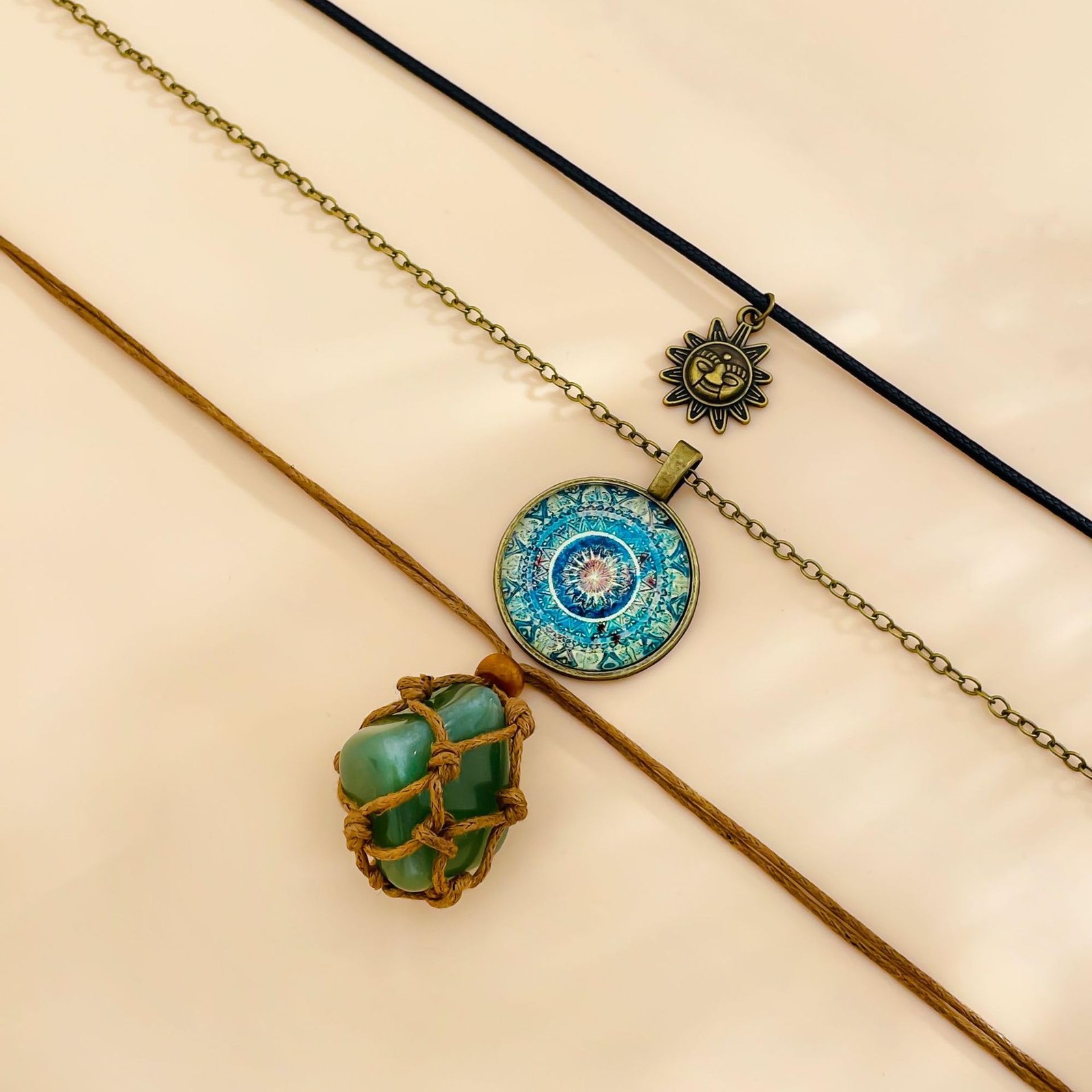 Bohemian Green Natural Crystal Stone Layered Retro Necklace 3 one size,
