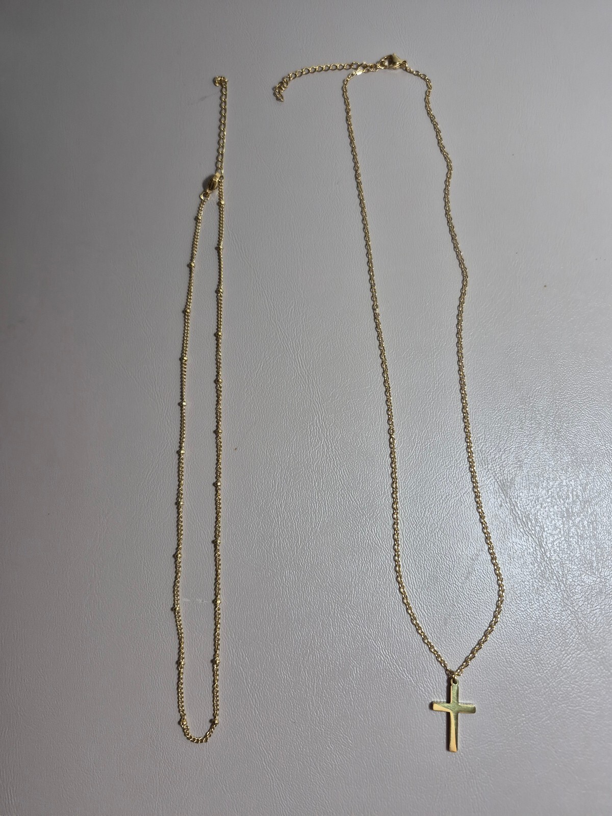 Gold-Tone Layered Cross Pendant Beaded Chain Necklace Set of 2