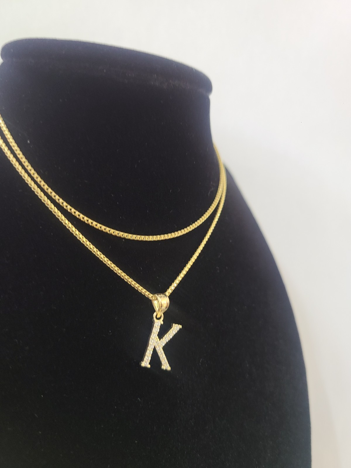 10K Gold Solid Franco Chain K Initial CZ Stone Pendant Set 1mm 16 18 20 22 Women
