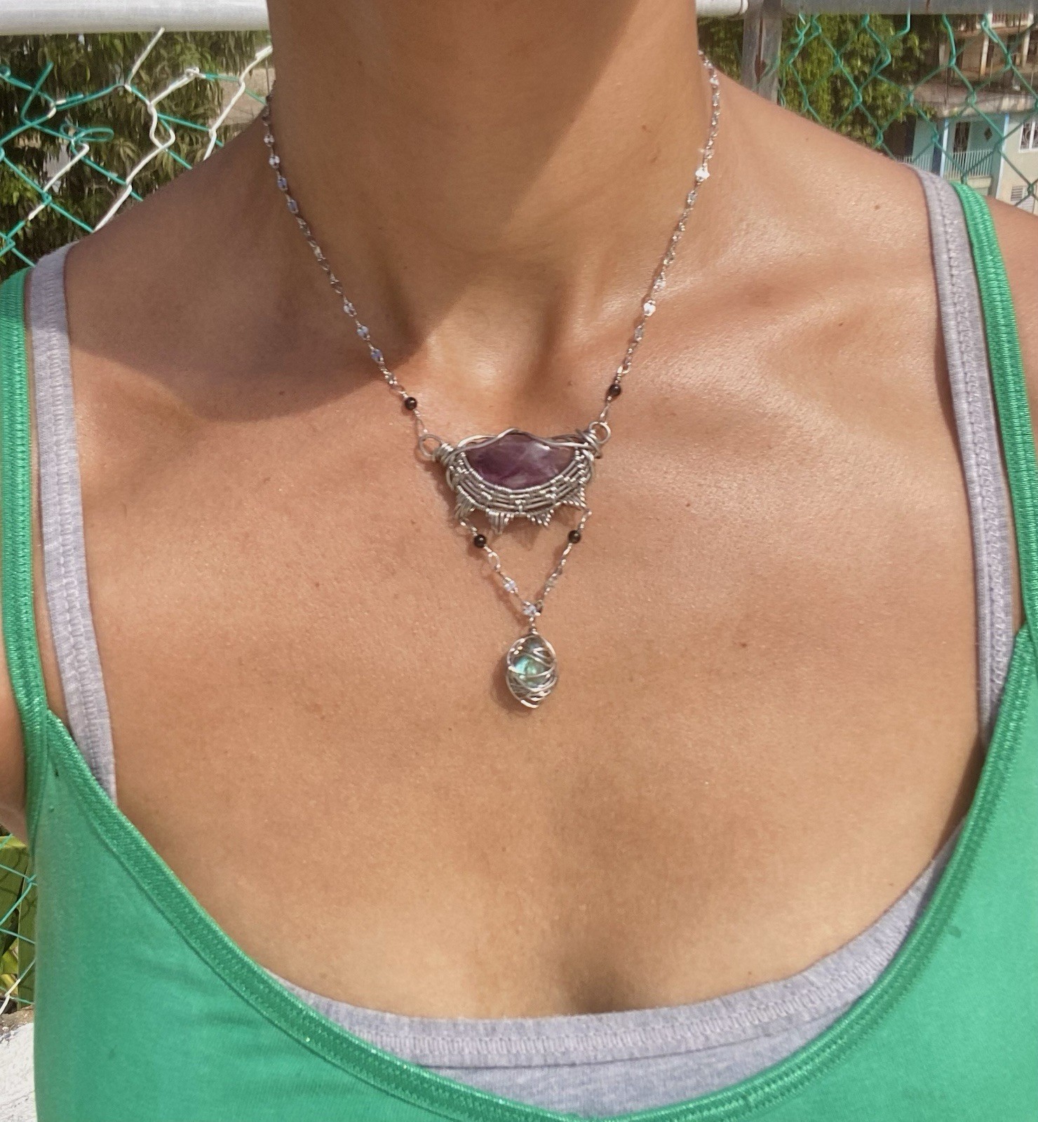 Handmade Amethyst & Labradorite Necklace Wire Wrapped Gemstones On Steel Chain