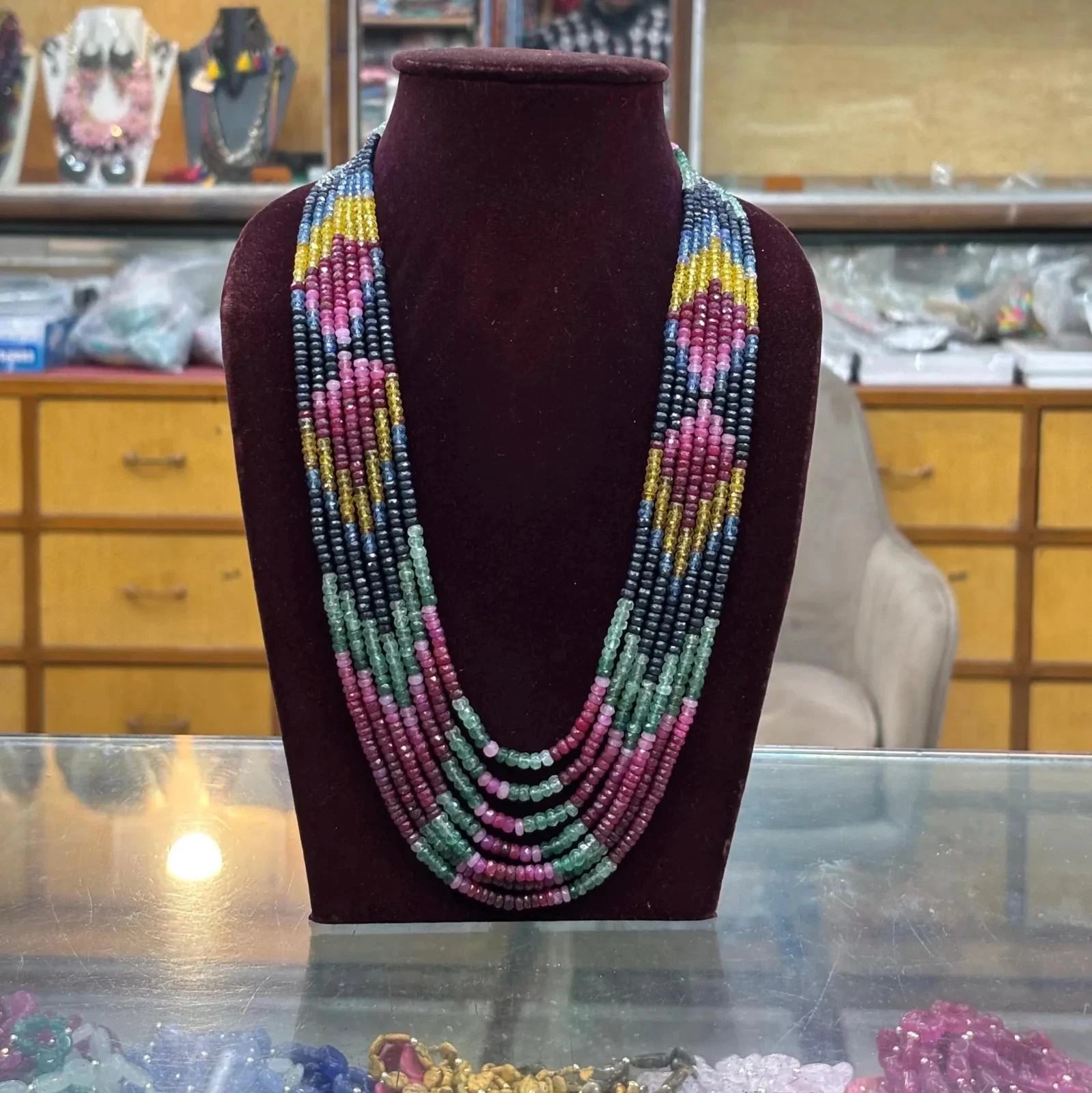 Natural Multi Color Tourmaline Rondelle Gemstone Silk Knotted Layered Necklace S