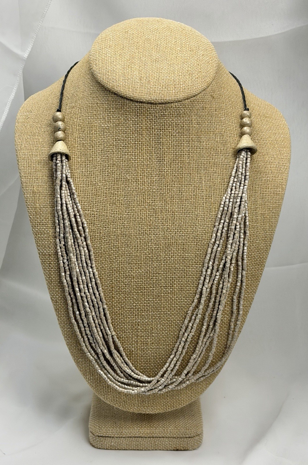 Silver & Black Multi-Strand Beaded Bohemian Necklace, Adjustable Cord 18 in
