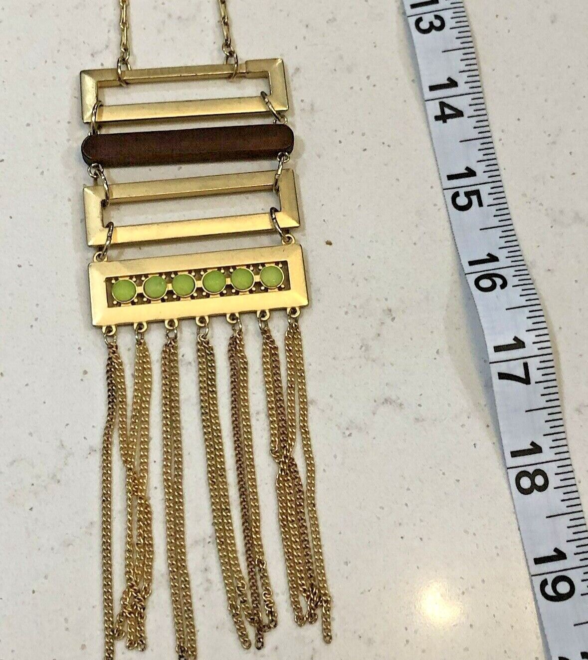 Gold Tone Geometric Fringe Pendant Necklace Wood Chartreuse Green Statement Boho