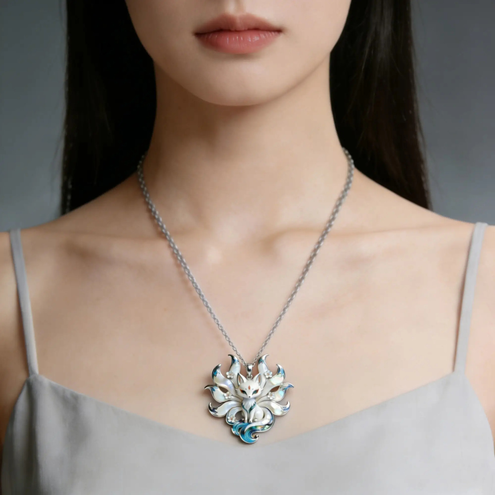 Chinese Style Nine tailed Fox Enamel Pendant Necklace Cute Aesthetic Trendy Gift