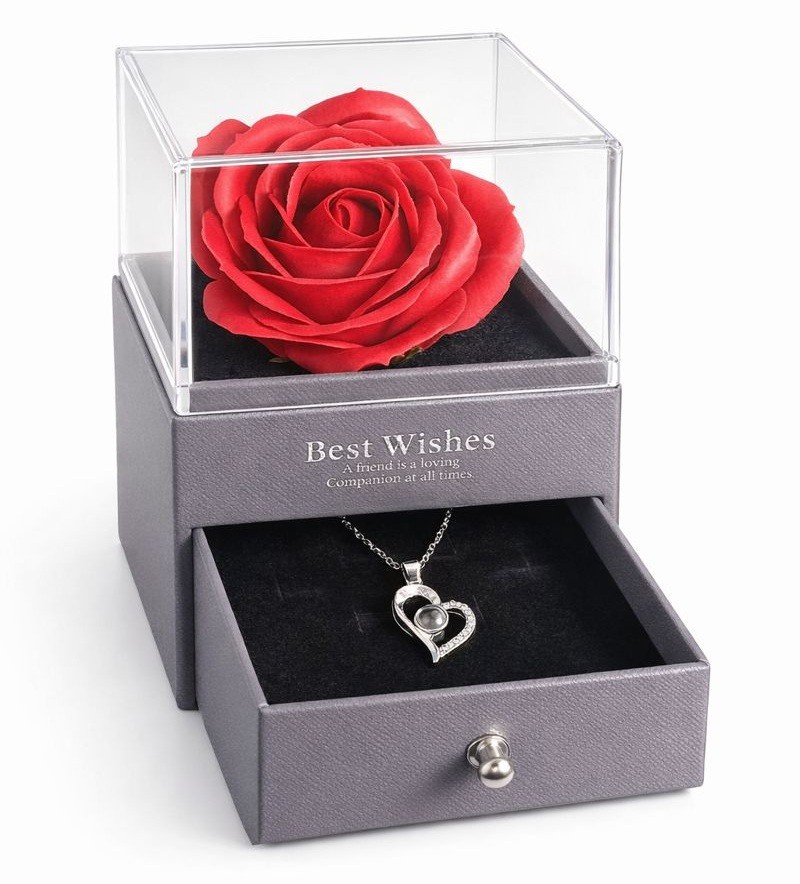 Valentine’s Day Necklace Gift, Heart Pendant with Preserved Red Rose Gift Box