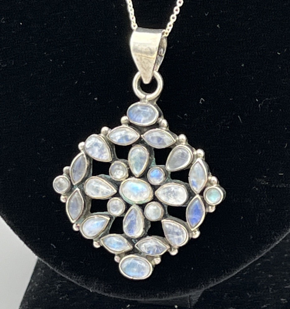 Sterling Silver Rainbow Moonstone Cluster Pendant Necklace 46cm Italian Chain