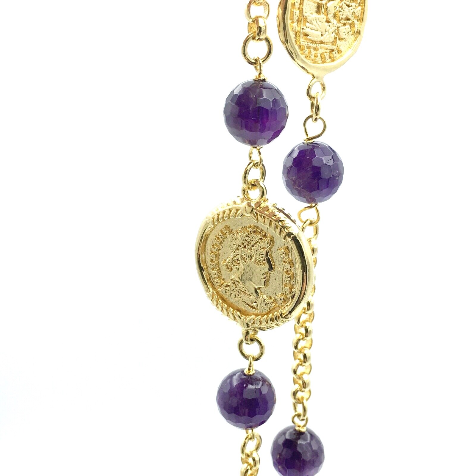 BRONZALLURE faux coin necklace – amethyst bead gold-plated station Italy 35″