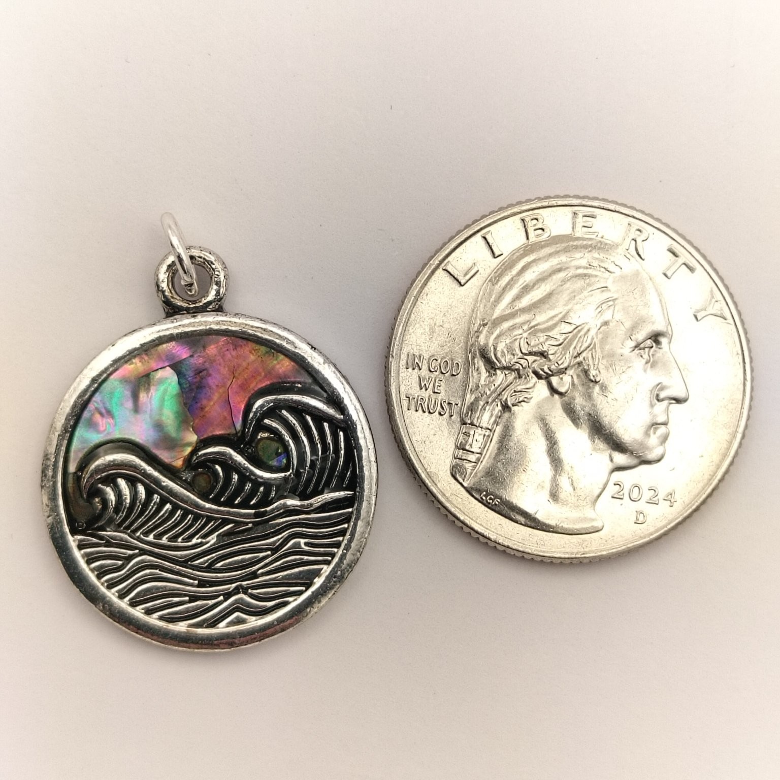 Ocean Wave Pendant Charm ~22mm Abalone Inlay Silver Tone Nautical Beach Surf