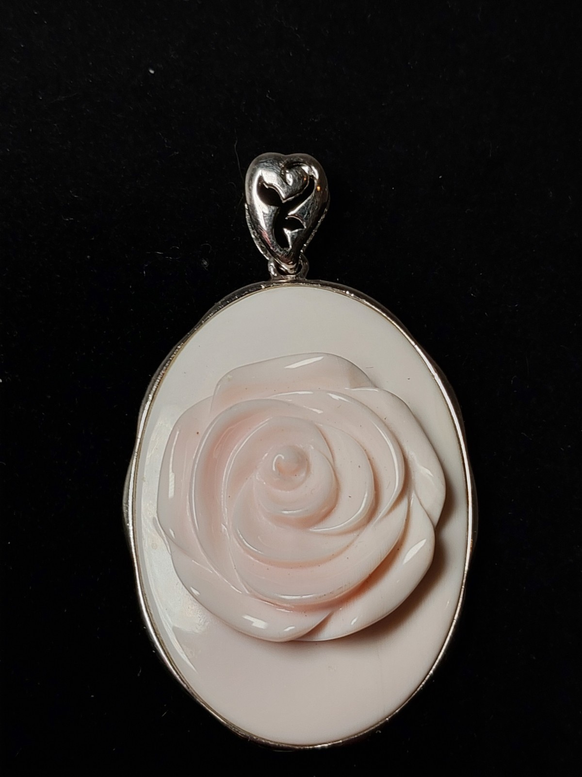 Pink Conch Shell Rhodium Over Sterling Silver 925 Fancy Rose Pendant Large