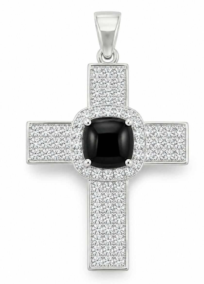 925 Sterling Silver Black Onyx Cross Pendant Cushion CZ Pave Christian Charm