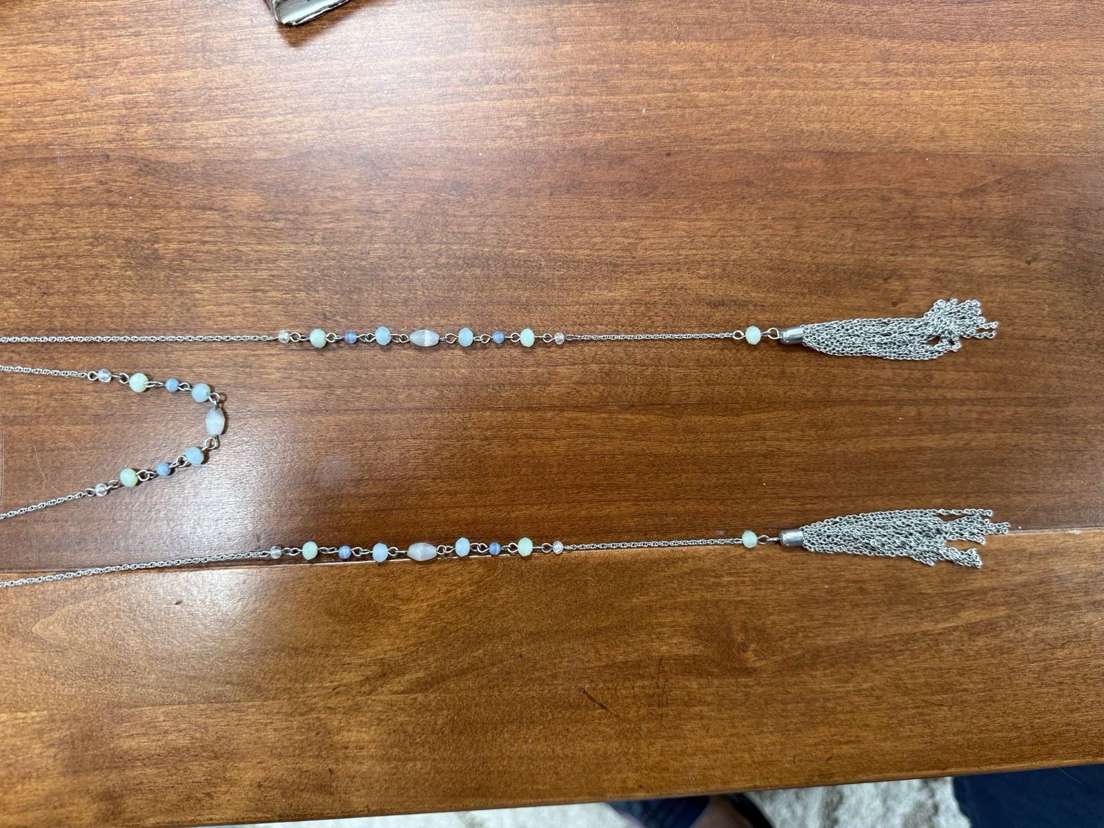 Bohemian Silver Tone Tassel Necklace Cable Chain Round Blue/Green Beads