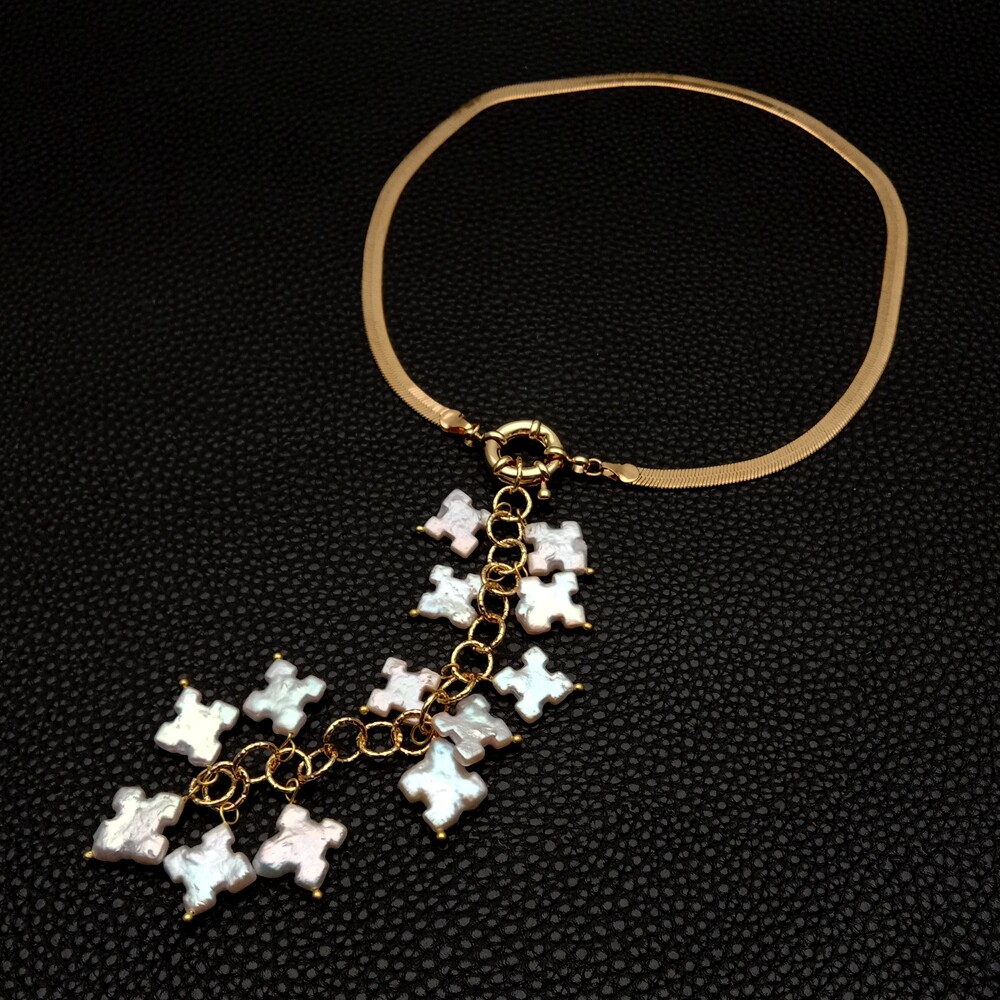 Cultured White Pearl Chain choker Necklace 16”