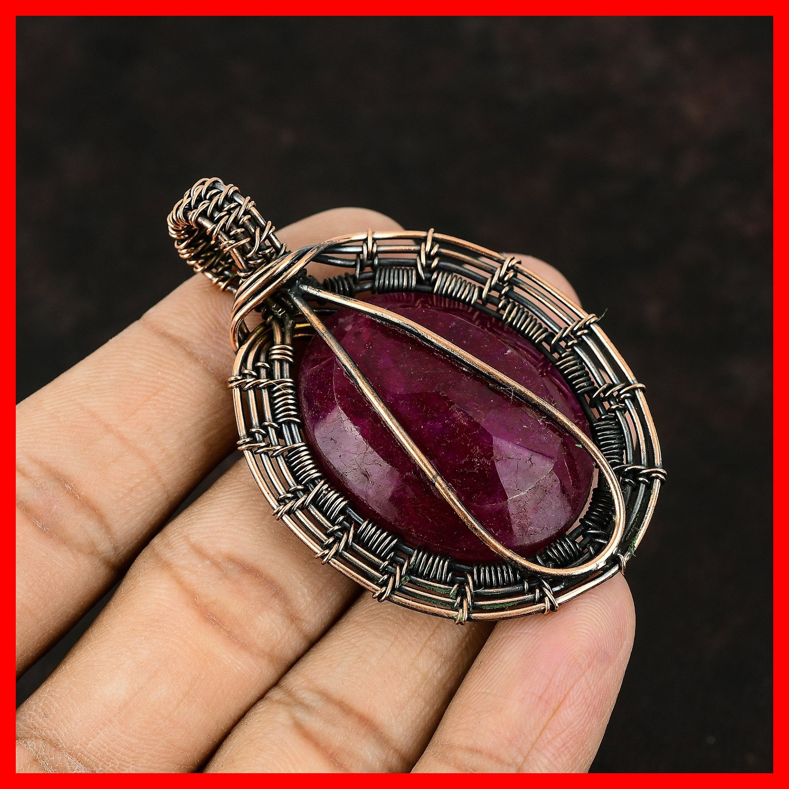 Oval Kashmir Rubi Gemstone Copper Ethnic Wire Wrapped Unique New Pendant Jewelry
