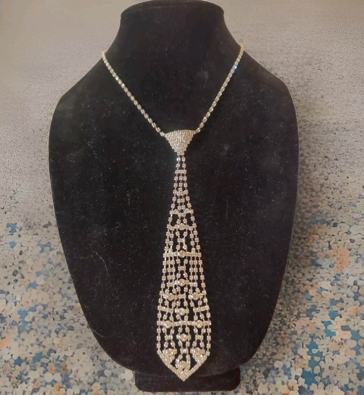 Rhinestone Necktie Silver Tone Necklace 16″ + 7″ Sparkly Dangle Tie Valentines
