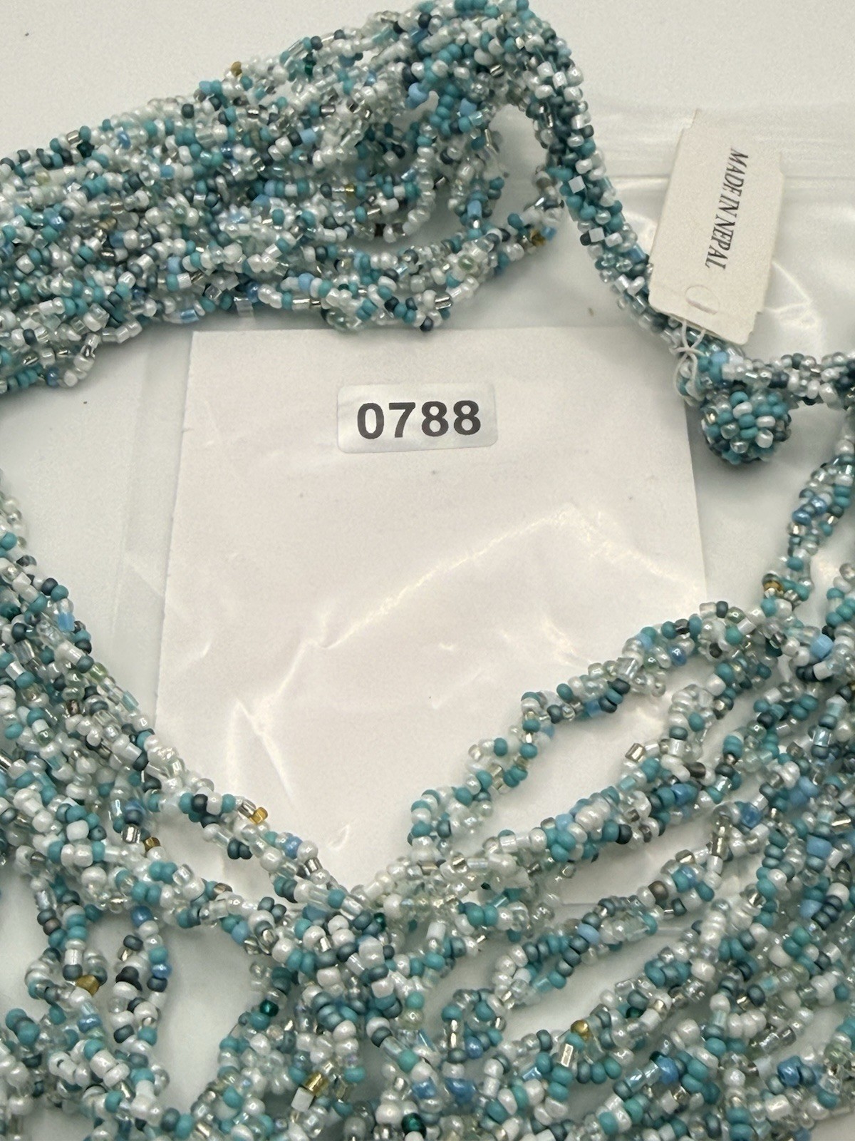 Seed Bead Necklace Blue White Made in Nepal Multi Strand Button Closure 20”
