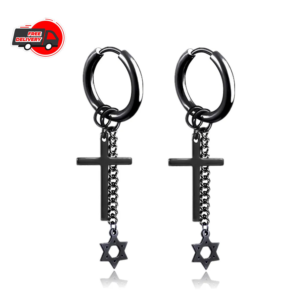 Punk Black Cross Stainless Steel Hoop Earrings for Women Men Fashion Vintage