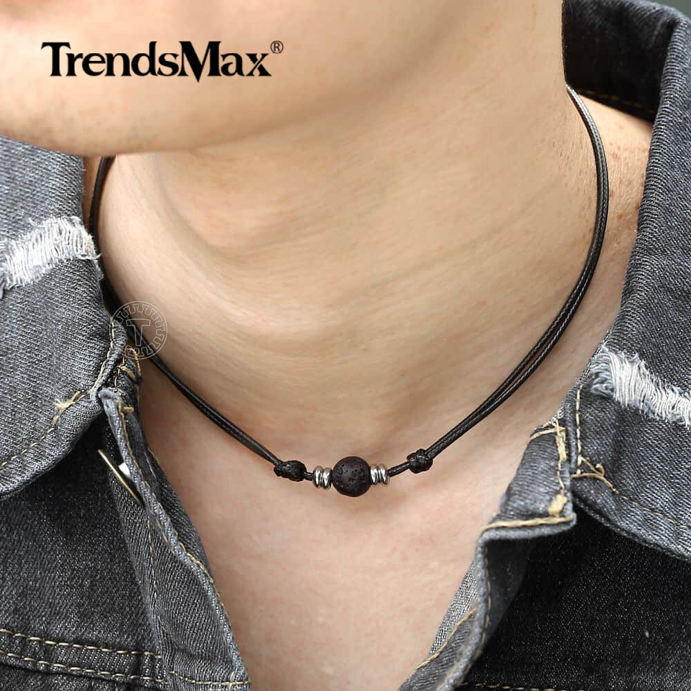 Black Lava Rock Bead Charm Leather Rope Choker Necklace 35-70″ (adjustable)