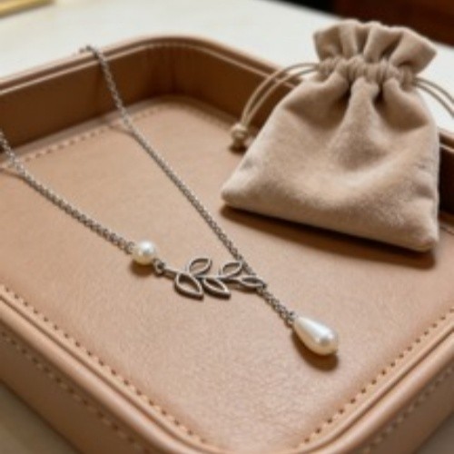 Leaf & Teardrop Pearl Lariat Necklace, Silver Tone Nature-Inspired Jewelry